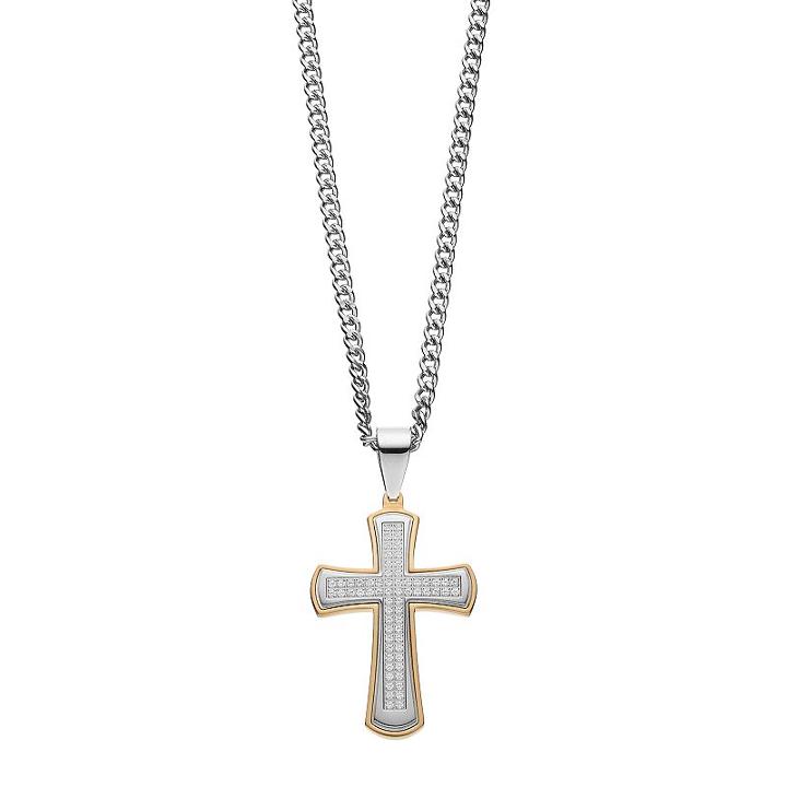 Men's Two Tone Stainless Steel Cubic Zirconia Cross Pendant, Size: 24, White