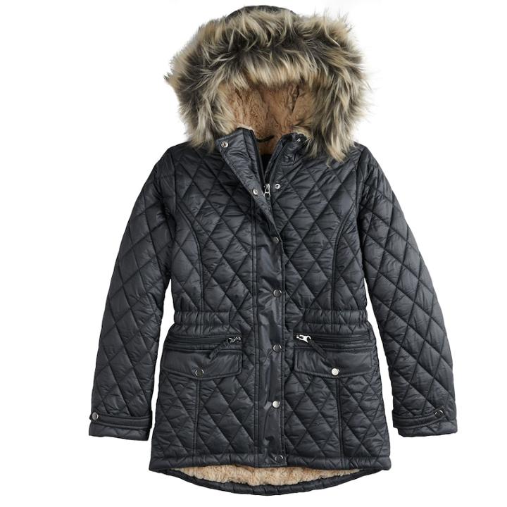 Girls 7-16 So&reg; Faux Fur Lined Heavyweight Quilted Parka Jacket, Size: 14, Dark Grey