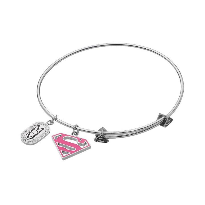 Dc Comics Superman Crystal Stainless Steel Mom Charm Bangle Bracelet, Women's, Grey