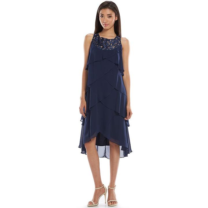 Expo Beaded Tiered Chiffon Dress - Women's, Size: 12, Blue (navy)