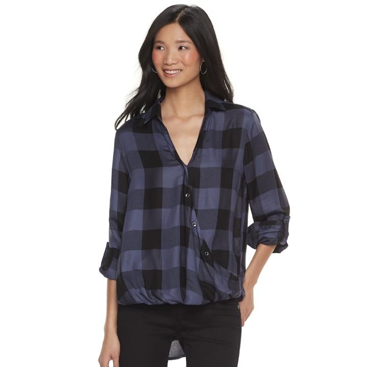Women's Rock & Republic&reg; Plaid Buttoned Crossover Shirt, Size: Small, Grey