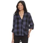 Women's Rock & Republic&reg; Plaid Buttoned Crossover Shirt, Size: Small, Grey