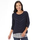 Women's Apt. 9&reg; Pointelle Mock-layer Sweater, Size: Small, Navy Chevron
