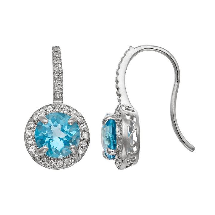 Sterling Silver Swiss Blue Topaz And Lab-created White Sapphire Halo Drop Earrings, Women's