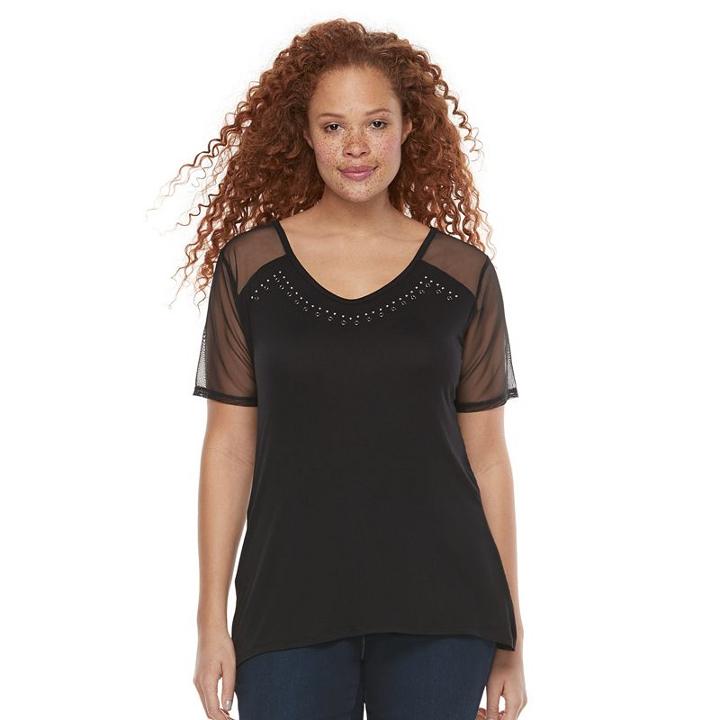 Plus Size Rock & Republic&reg; Sheer Sleeve V-neck Top, Women's, Size: 2xl, Black