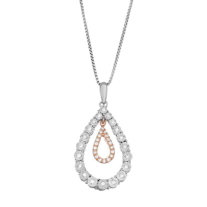 Two Tone Sterling Silver 1/5 Carat T.w. Diamond Double Teardrop Pendant, Women's, White