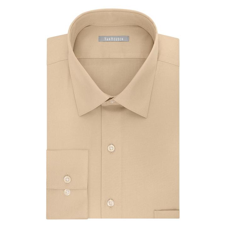 Men's Van Heusen Fitted Athletic Solid Lux Sateen No Iron Spread Collar Dress Shirt, Size: 18 36/37, Beige Oth