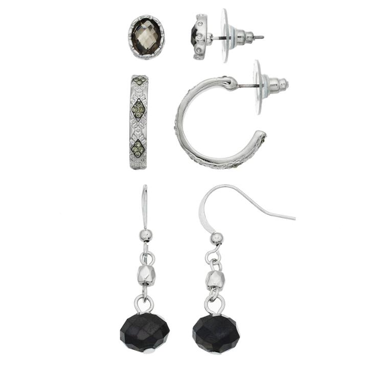 Black Beaded Drop, Oval Stud & Hoop Nickel Free Earring Set, Women's, Silver
