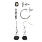 Black Beaded Drop, Oval Stud & Hoop Nickel Free Earring Set, Women's, Silver