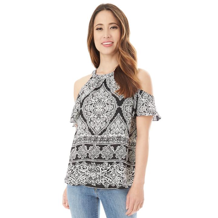 Juniors' Iz Byer Printed Ruffled Cold-shoulder Top, Teens, Size: Small, Black Border
