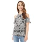 Juniors' Iz Byer Printed Ruffled Cold-shoulder Top, Teens, Size: Small, Black Border