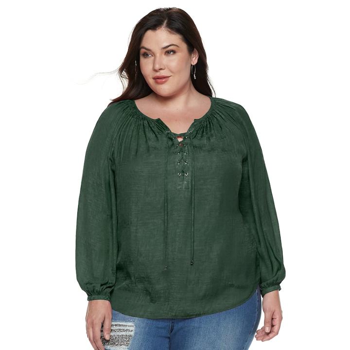 Plus Size Jennifer Lopez Lace-up Satin Peasant Top, Women's, Size: 2xl, Dark Green