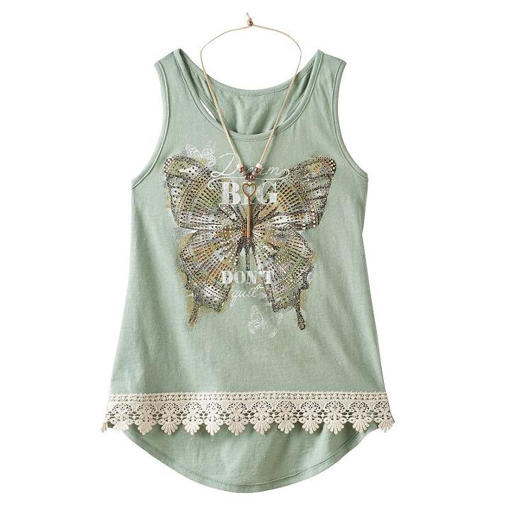 Girls 7-16 Knitworks Lace Hem Graphic Tank Top With Necklace, Girl's, Size: Small, Med Green
