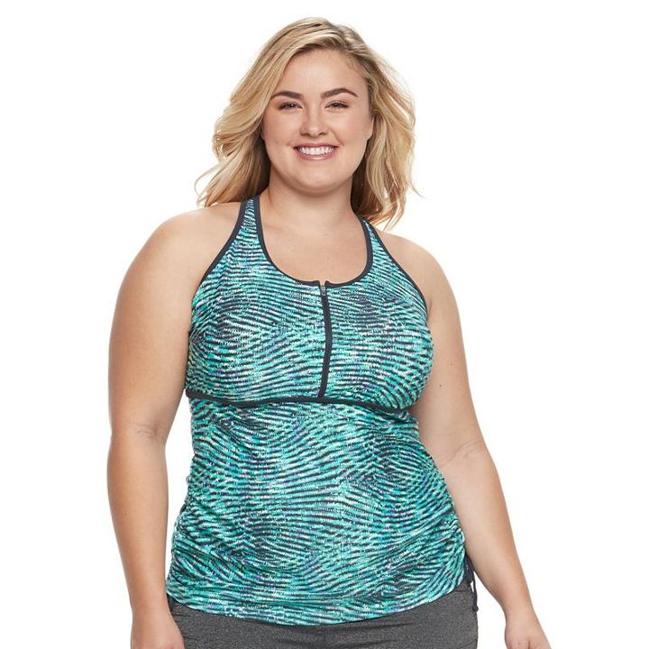 Plus Size Free Country Printed Quarter-zip Tankini Top, Women's, Size: 3xl, Green Oth