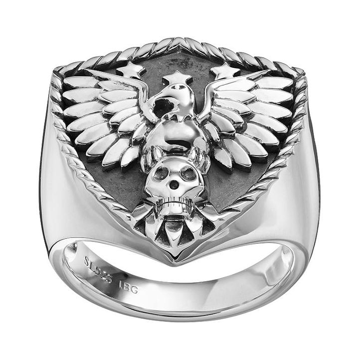 Sterling Silver Eagle And Skull Shield Ring - Men, Size: 11, Grey