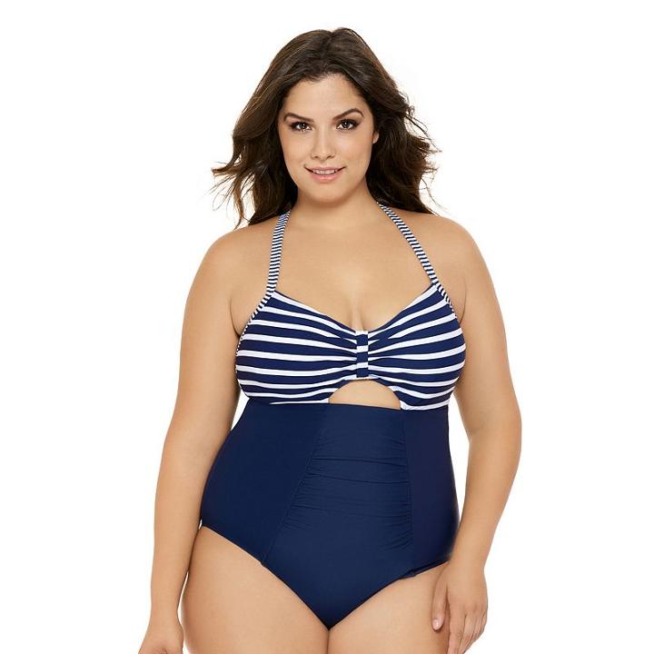 Juniors' Plus Size Costa Del Sol Striped Cutout One-piece Swimsuit, Size: 3xl, Dark Blue