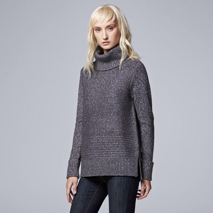 Women's Simply Vera Vera Wang Metallic Ribbed Turtleneck Sweater, Size: Xl, Grey
