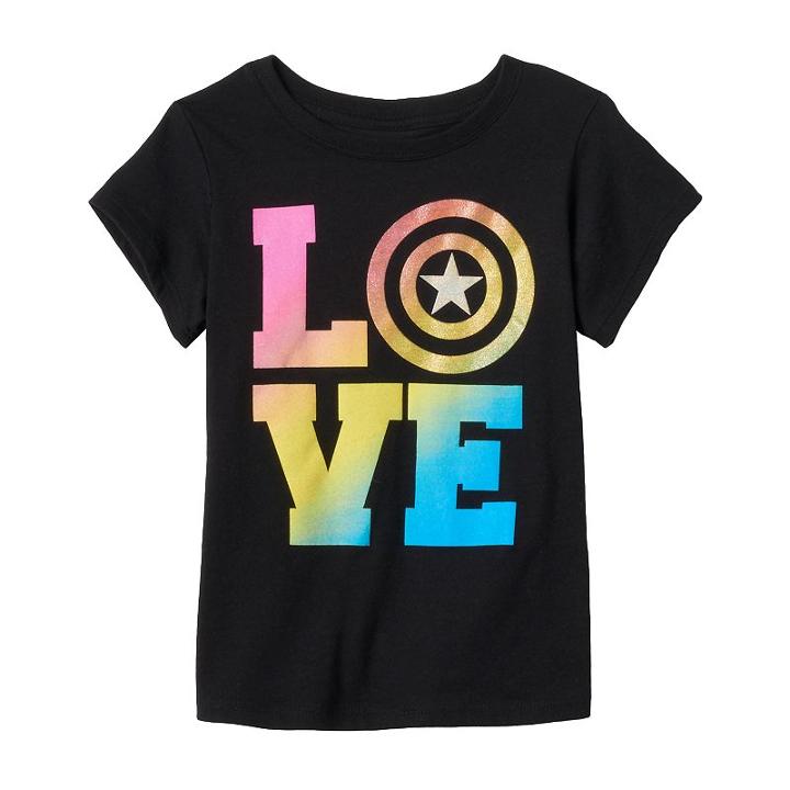 Girls 4-6x Marvel Captain America Love Shield Tee, Girl's, Size: 6x, Black