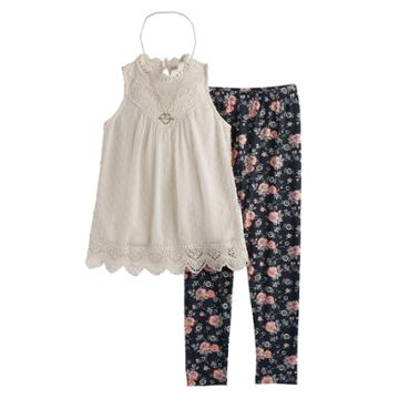 Girls 7-16 Knitworks Swiss Dot Victorian Tunic & Floral Leggings Set With Necklace, Size: Medium, White