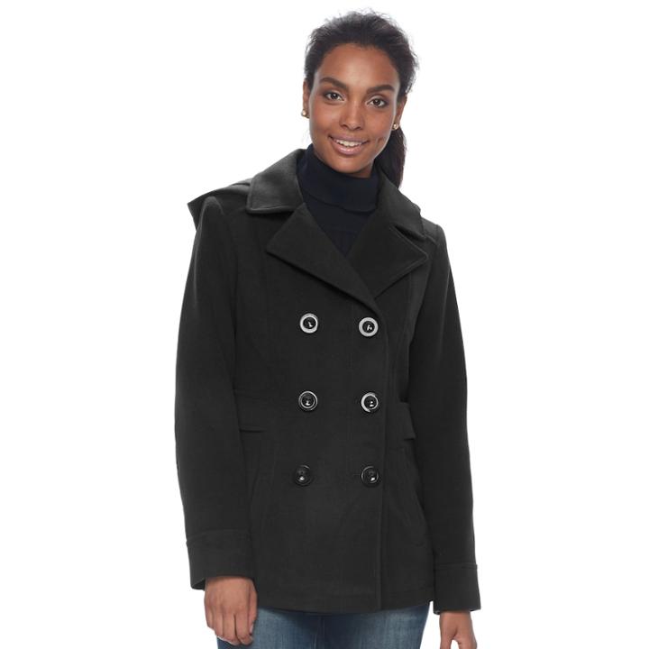 Women's D.e.t.a.i.l.s Hooded Double Breasted Faux-wool Peacoat, Size: Xl, Black