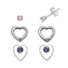 Charming Girl Sterling Silver Pink Cubic Zirconia And Crystal Heart Stud Earring Set - Made With Swarovski Crystals - Kids, Multicolor