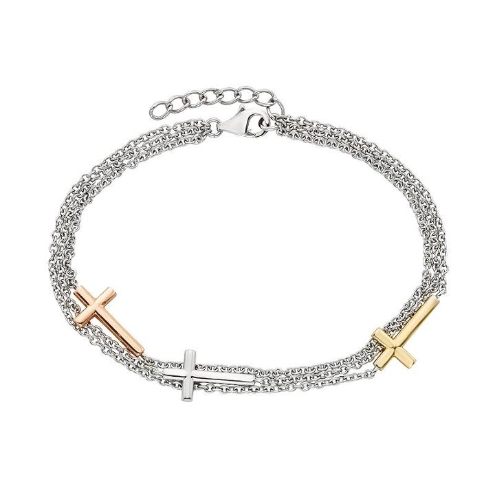 Sterling Silver & 14k Gold Over Silver Tri-tone Multistrand Sideways Cross Bracelet, Women's, Size: 7.5, Multicolor