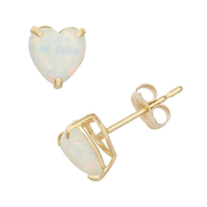 Lab-created Opal 10k Gold Heart Stud Earrings, Women's, White