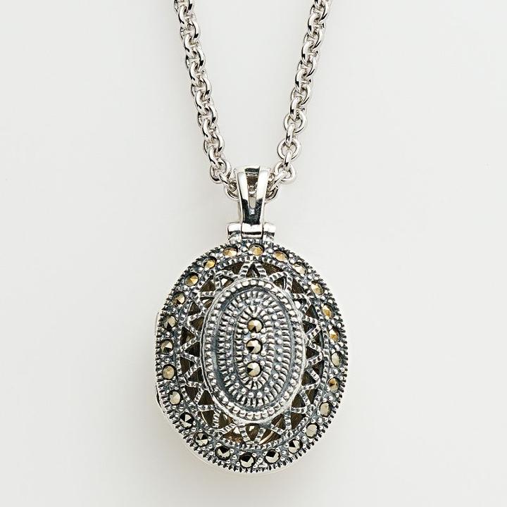 Lavish By Tjm Sterling Silver Openwork Oval Locket - Made With Swarovski Marcasite, Women's, Grey