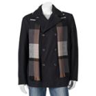 Big & Tall Towne Wool-blend Double-breasted Peacoat With Plaid Scarf, Men's, Size: Xl Tall, Black