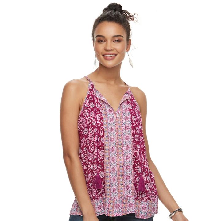 Juniors' Pink Republic Tassel Split Neck Tank, Teens, Size: Large, Dark Red