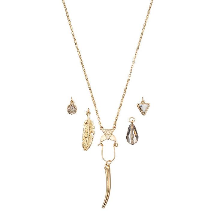 Mudd&reg; Long Interchangeable Feather Charm Necklace Set, Women's, Gold