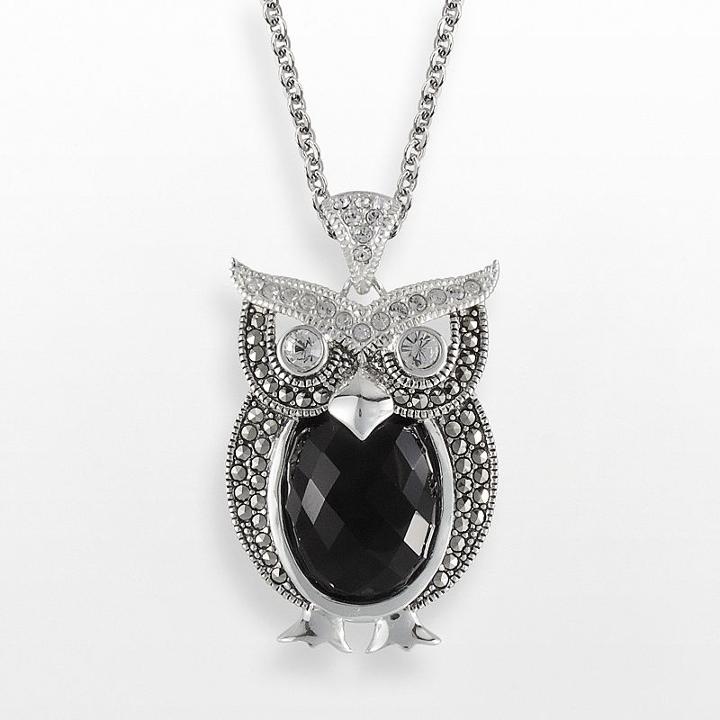 Lavish By Tjm Sterling Silver Onyx And Crystal Owl Pendant - Made With Swarovski Marcasite, Women's, Size: 18, Black