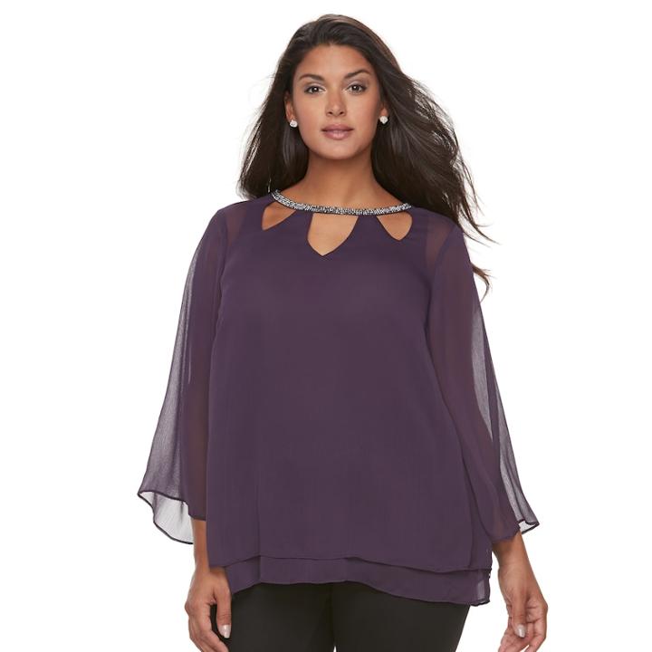 Plus Size Jennifer Lopez Embellished Triple Cut-out 3/4-sleeve Top, Women's, Size: 3xl, Purple