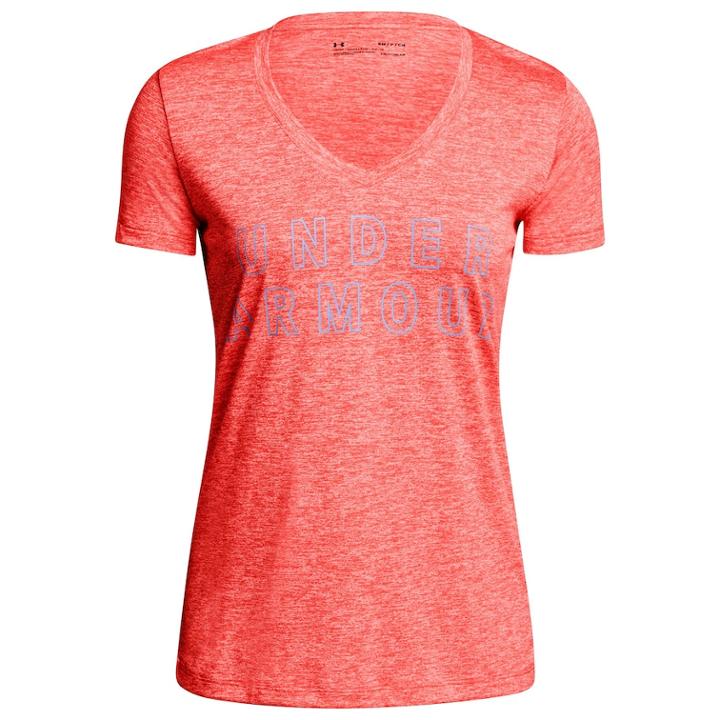 Women's Under Armour Tech V-neck Twist Graphic Tee, Size: Small, Neon Coral