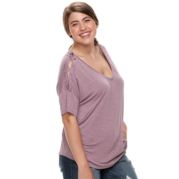 Juniors' Plus Size So Lace-up Shoulder Tee, Teens, Size: 1xl, Lt Purple
