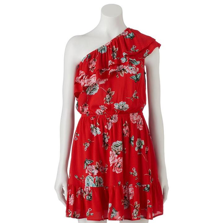 Juniors' Love, Fire Floral One-shoulder Ruffle Dress, Girl's, Size: Small, Red Other