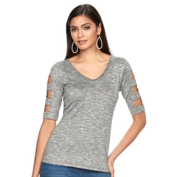 Women's Jennifer Lopez Embellished Cutout Tee, Size: Large, Grey