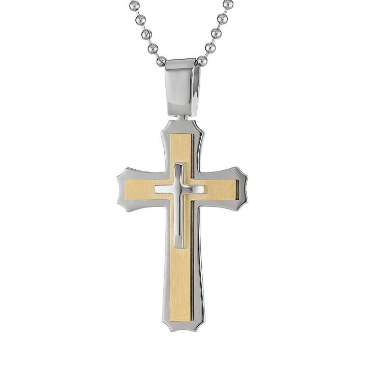 Lynx Two Tone Ion-plated Stainless Steel Cross Pendant - Men, Size: 22, Yellow