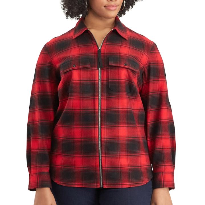 Plus Size Chaps Plaid Twill Zip-front Shirt, Women's, Size: 1xl, Red