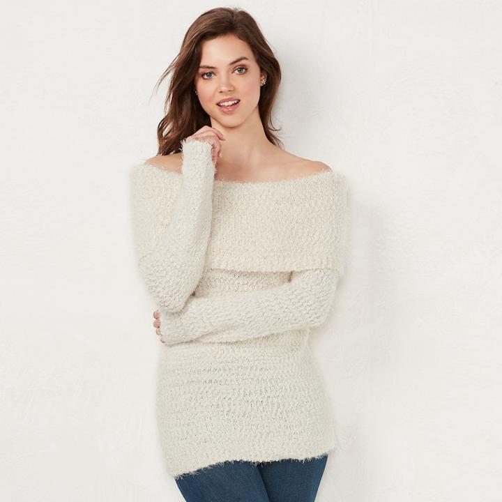 Women's Lc Lauren Conrad Off-the-shoulder Chenille Sweater, Size: Medium, Natural