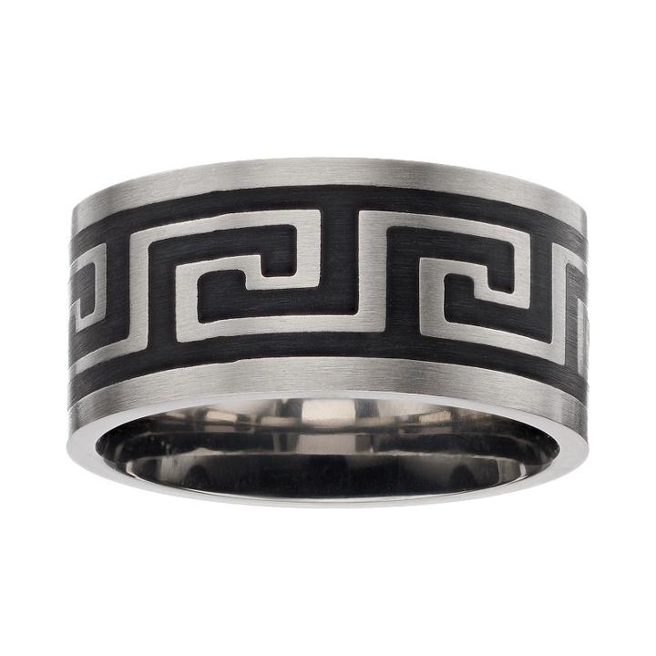 Men's Two Tone Stainless Steel Greek Key Band, Size: 11, Grey