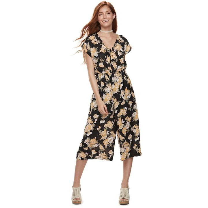 Juniors' Lily Rose Floral Jumpsuit, Teens, Size: Medium, Grey (charcoal)