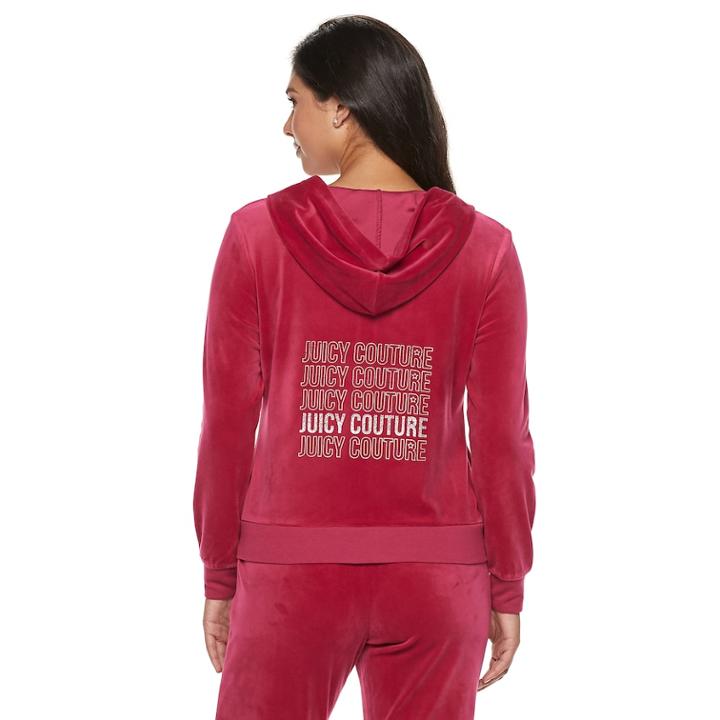 Women's Juicy Couture Graphic Velour Hooded Jacket, Size: Xl, Dark Pink