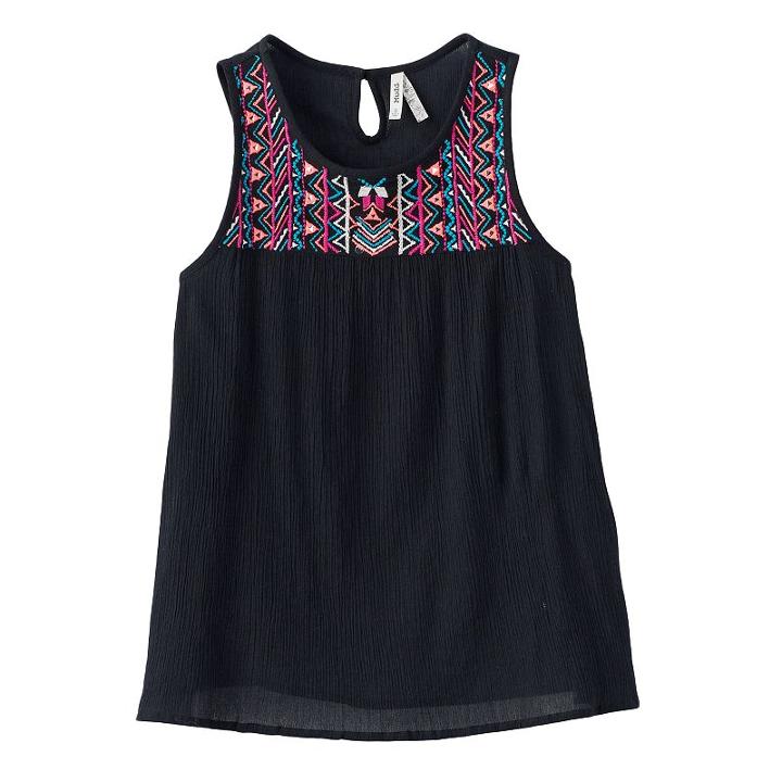 Girls 7-16 Mudd&reg; Embroidered Yoke Gauze Tank Top, Girl's, Size: 12, Black