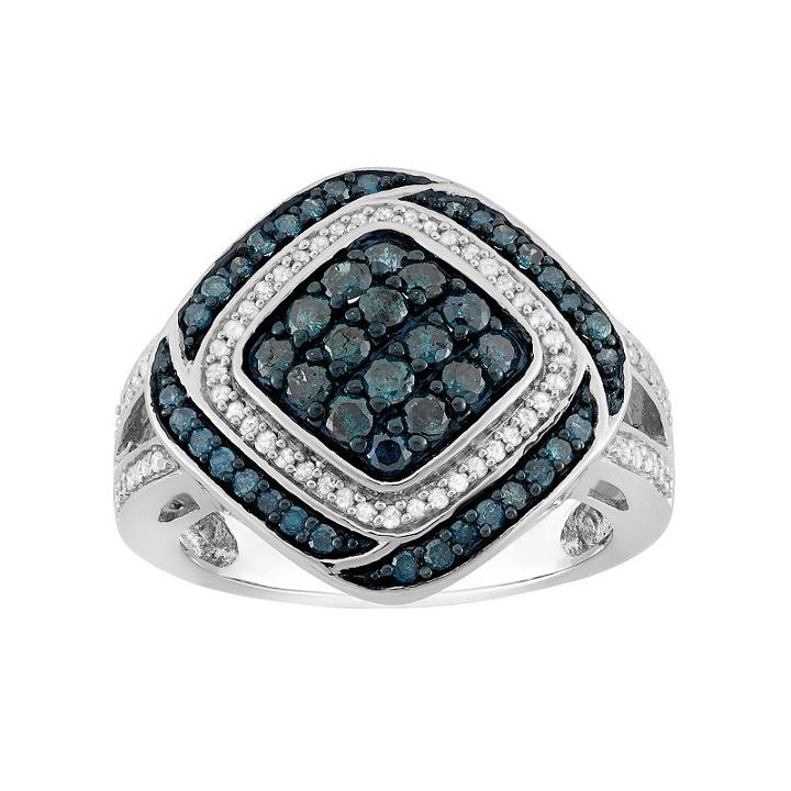 1 Carat T.w. Blue & White Diamond Sterling Silver Square Ring, Women's, Size: 7