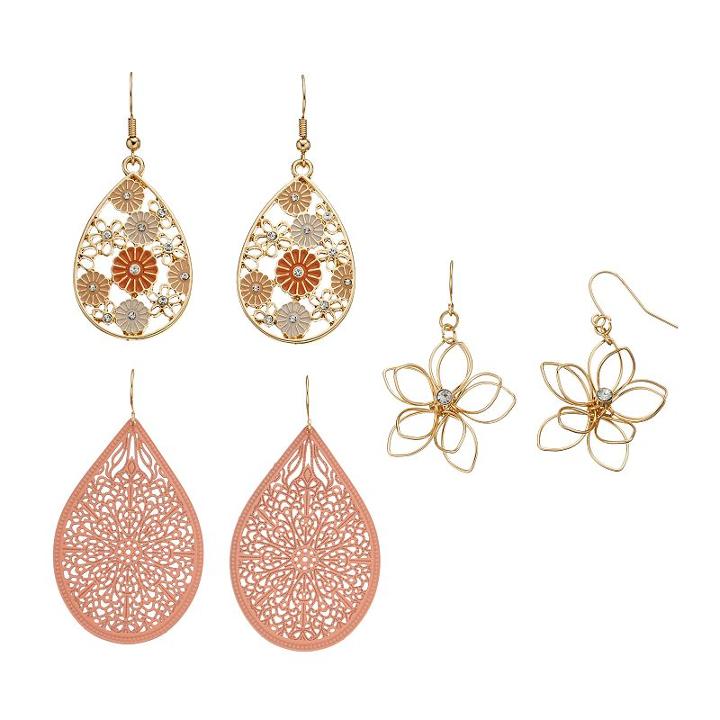 Mudd&reg; Wire Flower & Openwork Nickel Free Teardrop Earring Set, Women's, Light Pink