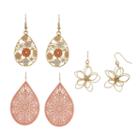 Mudd&reg; Wire Flower & Openwork Nickel Free Teardrop Earring Set, Women's, Light Pink