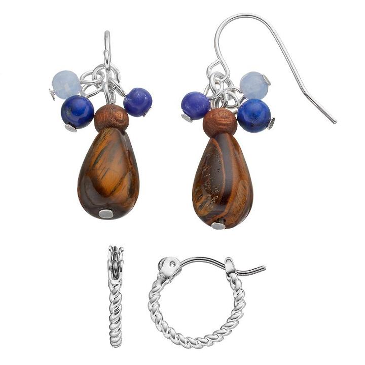 Chaps Nickel Free Simulated Tiger's Eye Beaded Drop & Hoop Earring Set, Women's, Multicolor