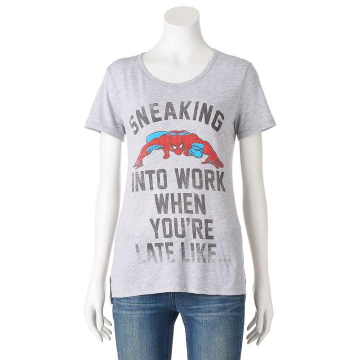 Juniors' Marvel Spiderman Sneaking Into Work Graphic Tee, Girl's, Size: Xs, Med Grey