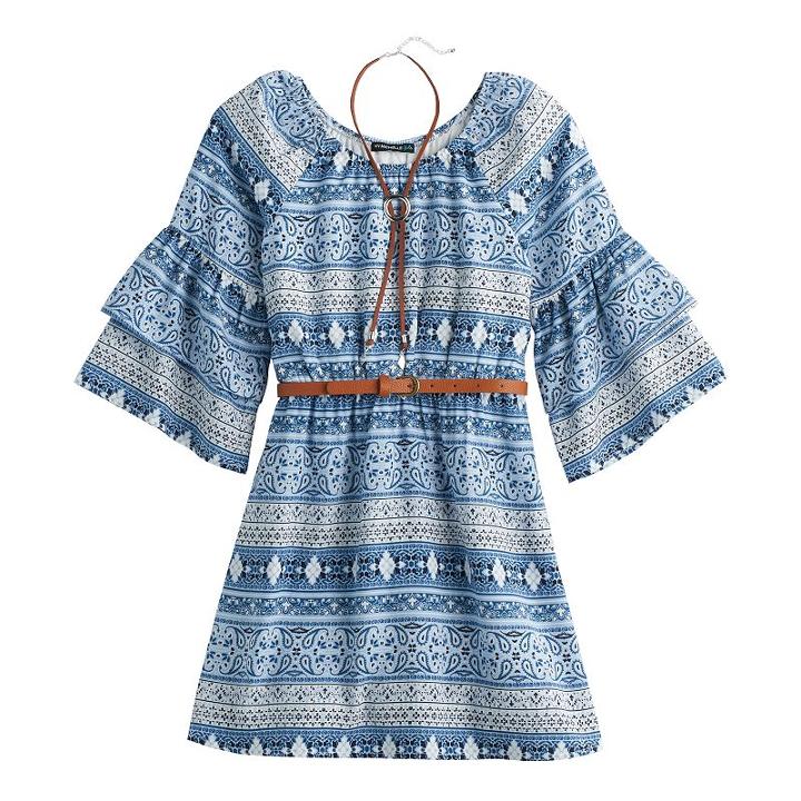 Girls 7-16 My Michelle Patterned Ruffle Sleeve Belted Dress With Bolo Necklace, Size: Medium (8), Med Blue